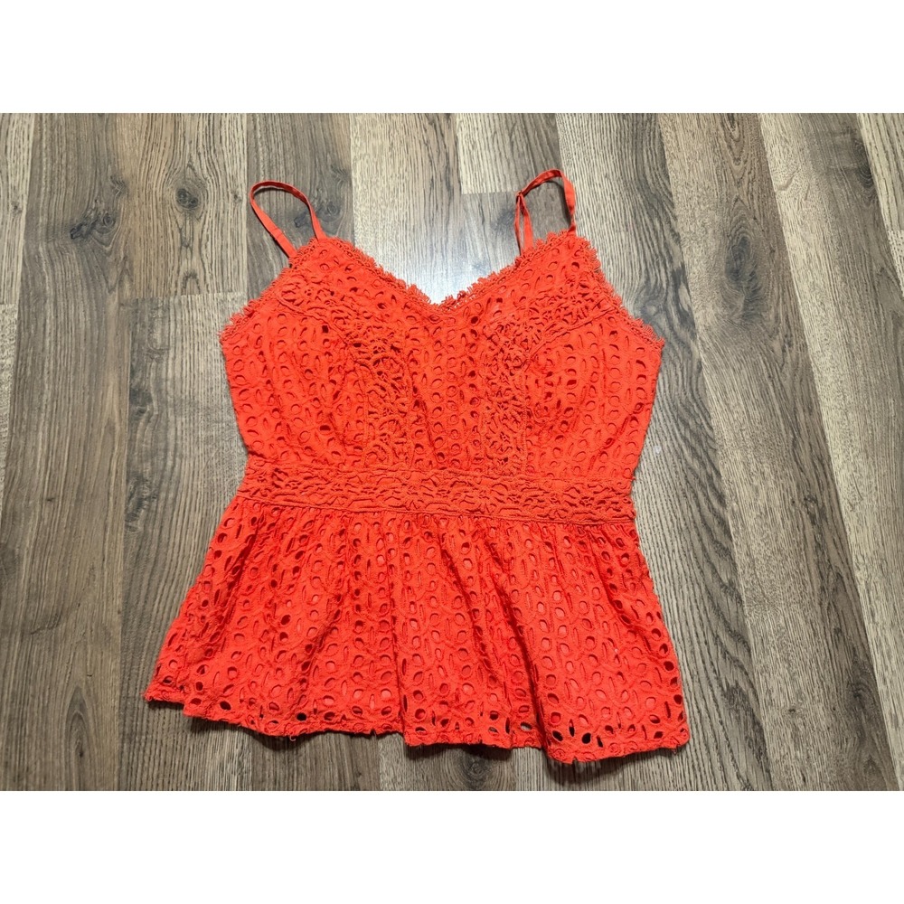 Japne Tank Top, Women's Size Medium, Orange, V-neck, Eyelet, Smocked